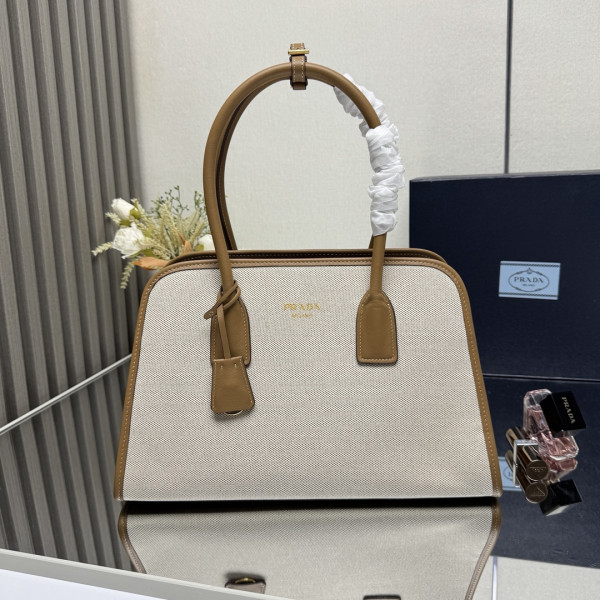 Pra*a medium linen blend and leather tote bag - 35*22.5*18cm