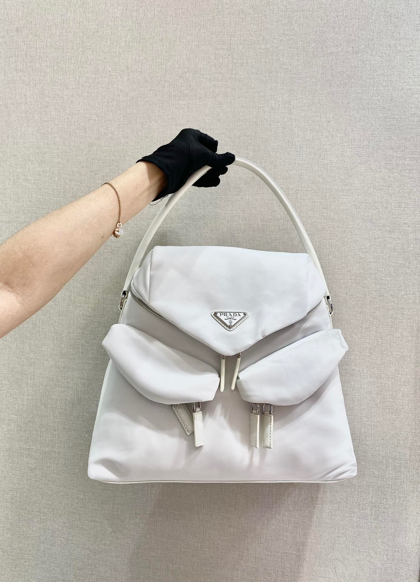 Pra*a signaux nylon and leather hobo bag